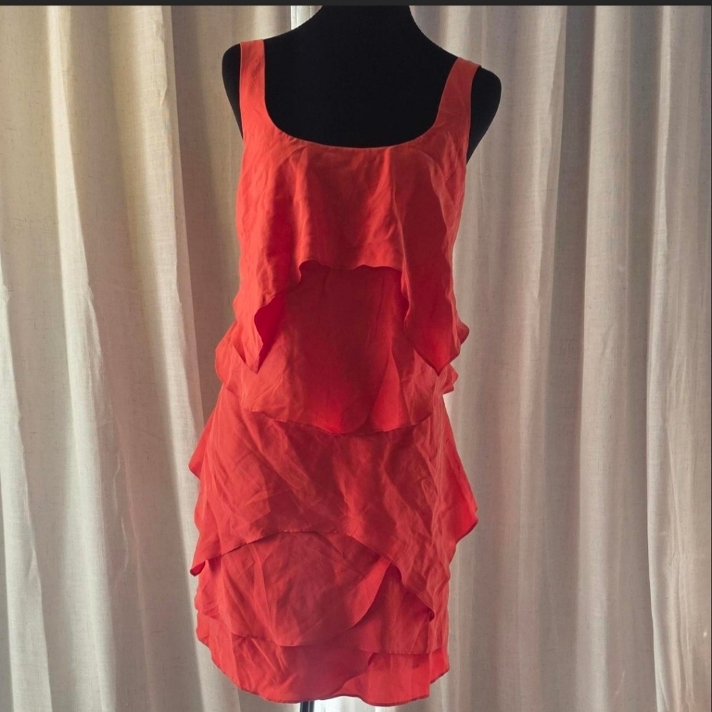 Nichole Miller Elegant Coral Layered Silk Mini Dress